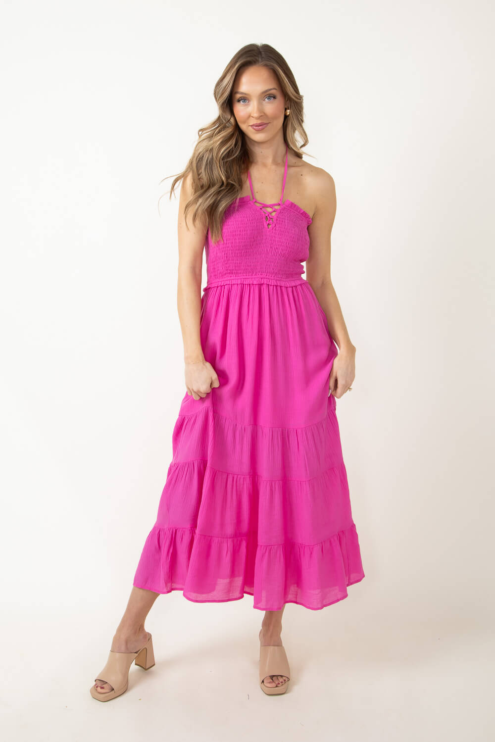 Halter Neck Tiered Maxi Dress for Women in Pink | ND30242-FUCHSIA 