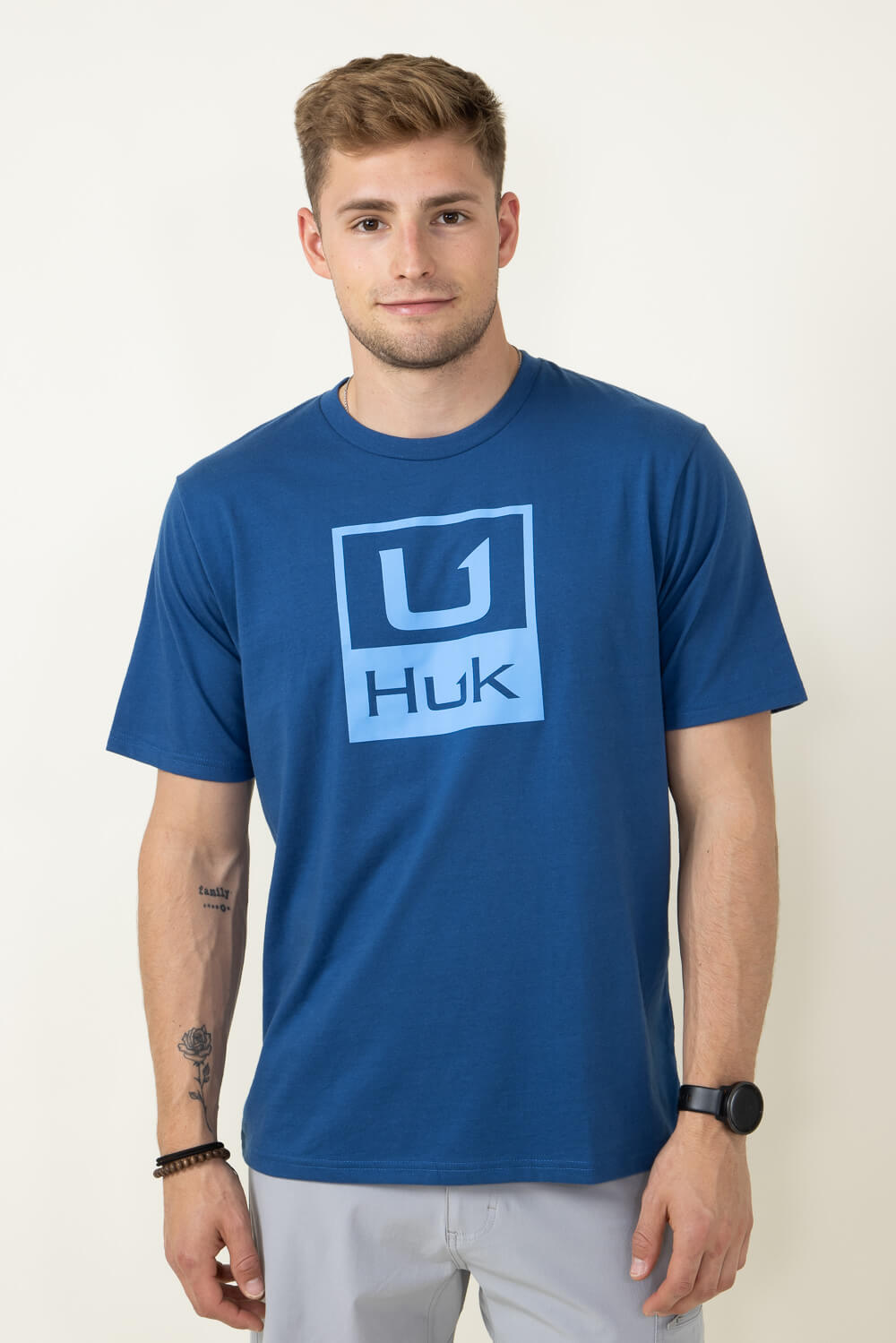 Huk Fishing Huk Stacked Logo T-Shirt for Men in Navy Blue