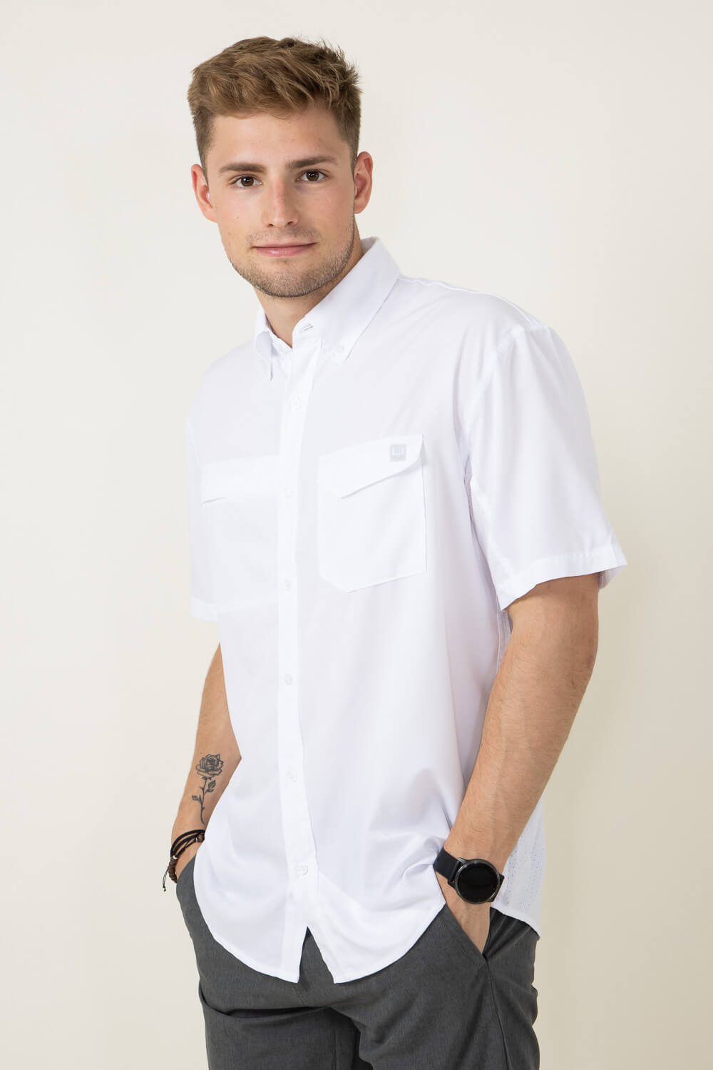 Huk Tide Point Button-Down Short Sleeve Shirt Men's(White, XL)
