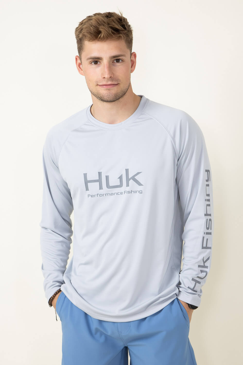 Men's HUK Fishing Shirt Gray Camo (White and Blue)