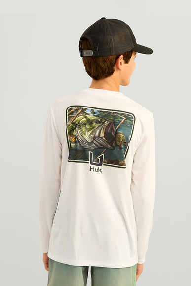 Huk Fishing Youth Graphic Pursuit Performance Shirt for Boys in White Bass