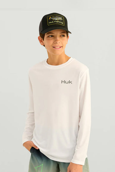 Huk Fishing Youth Graphic Pursuit Performance Shirt for Boys in White Bass