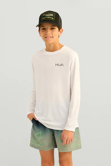 Huk Fishing Youth Graphic Pursuit Performance Shirt for Boys in White Bass