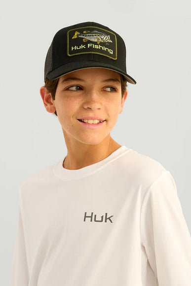 Huk Fishing Youth Graphic Pursuit Performance Shirt for Boys in White Bass