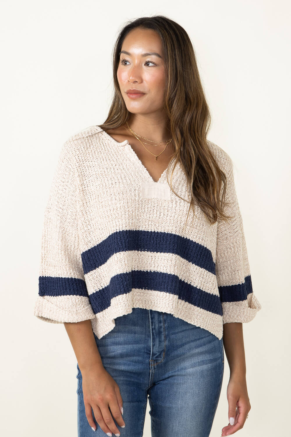 Illa Illa Striped Cropped Sweater for Women in Navy at Glik s L