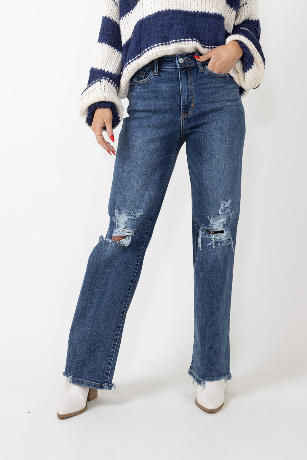 Buy Blue High Waist Bootcut Torn Jeans for Women Online