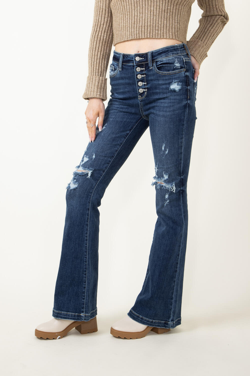 Deep Red Distressed High Rise Flare Jeans