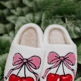 Cherry Bow Bunny Slippers for Women in White