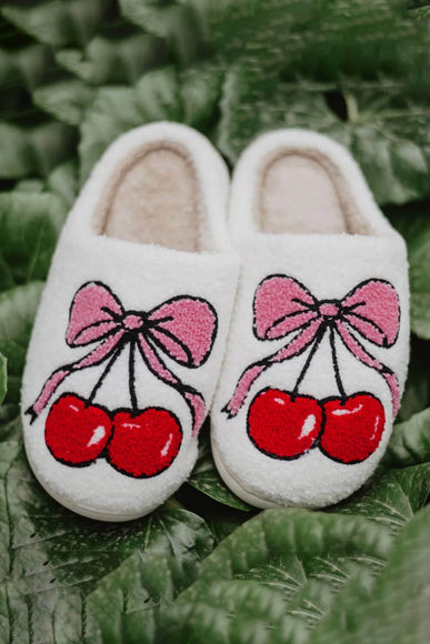 Cherry Bow Bunny Slippers for Women in White