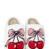 Cherry Bow Bunny Slippers for Women in White