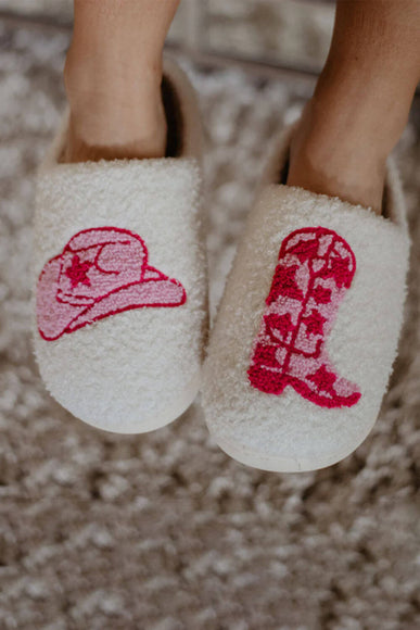 Cowboy Hat and Boot Bunny Slippers for Women in White