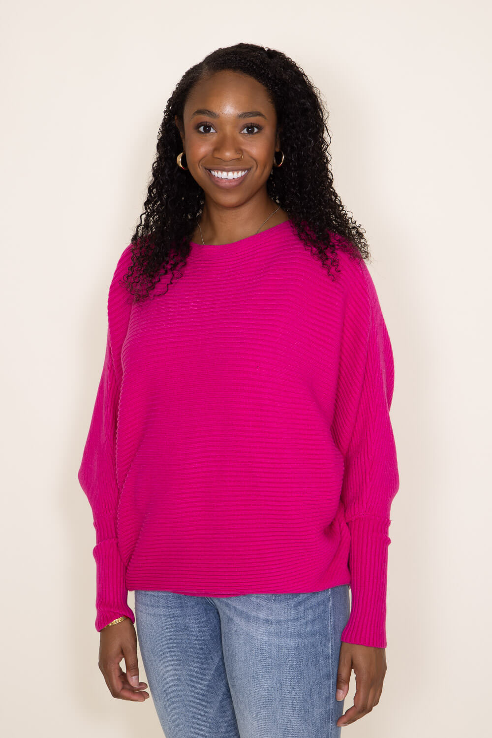 La Miel Ribbed Dolman Sweater for Women in Fuchsia | MCS3570