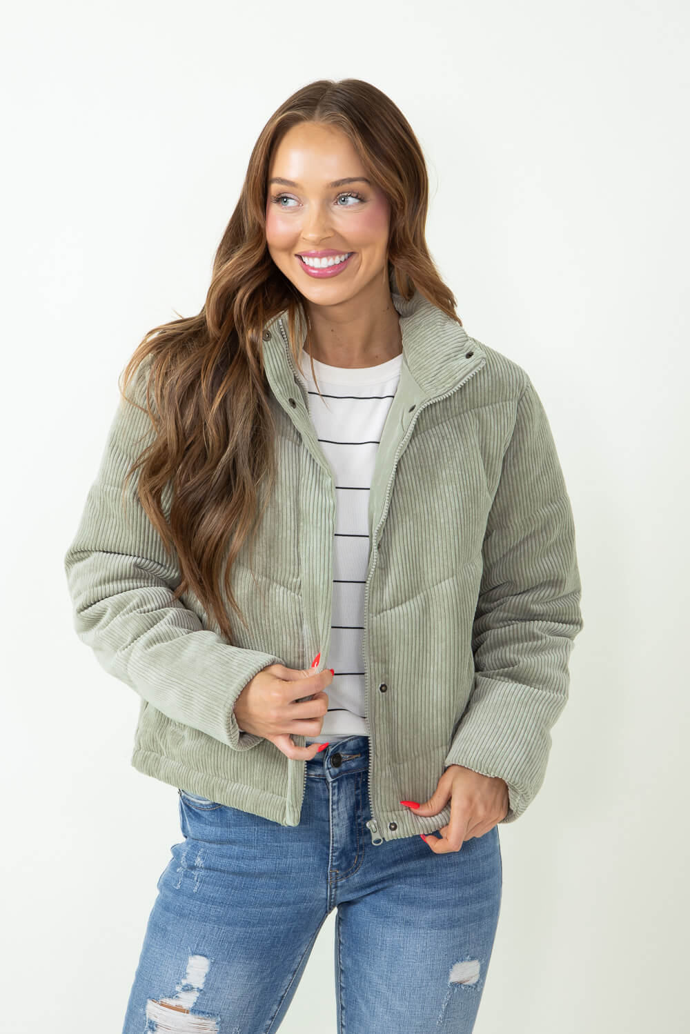 Love Tree Corduroy Puffer Jacket for Women in Green | 80151JH-MOSS