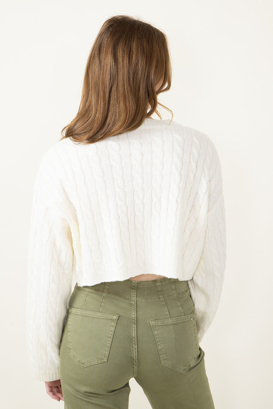 Sweater cardigan cable braid knit womens cream white crop sale top button long sleeve