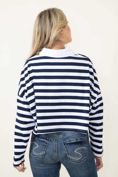 Cropped Stripe Long Sleeve Polo Shirt for Women in Navy
