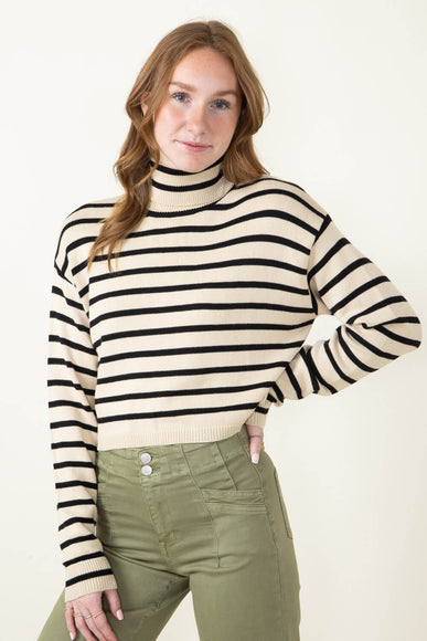 Stripe Turtleneck Sweater for Women in Beige/Black