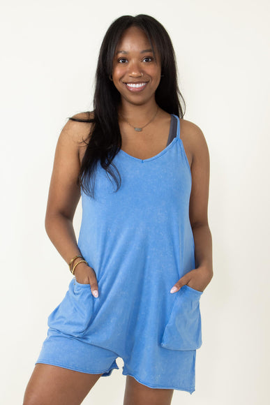 Mineral Washed Onesie Romper for Women in Blue 