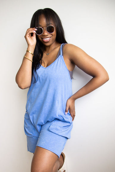 Mineral Washed Onesie Romper for Women in Blue 