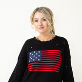 Miracle American Flag Distressed Sweater for Women in Black