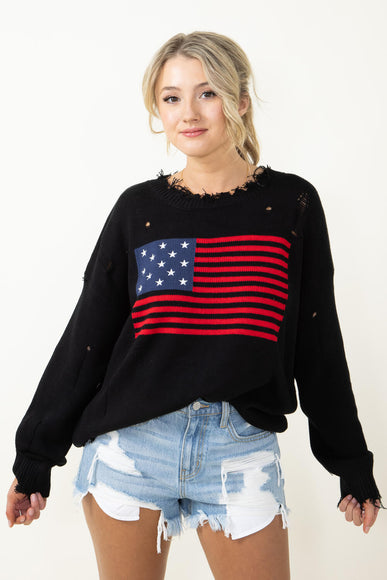 Miracle American Flag Distressed Sweater for Women in Black