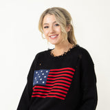 Miracle American Flag Distressed Sweater for Women in Black