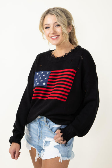 Miracle American Flag Distressed Sweater for Women in Black