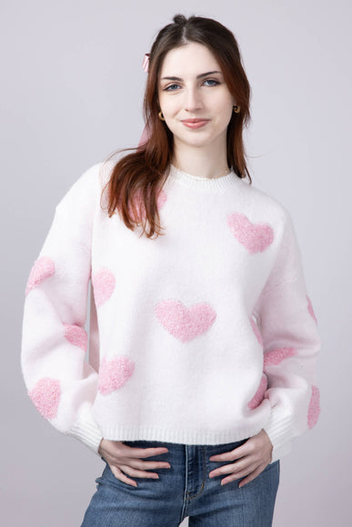 Multi Texture Heart Sweater for Women in Cream Pink