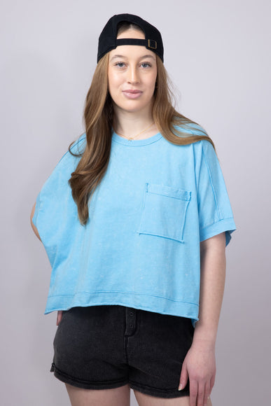 Oversized Cropped Mineral Wash Knit Top for Women in Aqua Blue