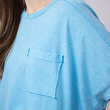 Oversized Cropped Mineral Wash Knit Top for Women in Aqua Blue