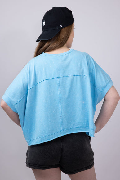 Oversized Cropped Mineral Wash Knit Top for Women in Aqua Blue