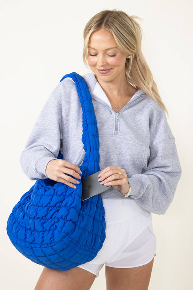 Large Quilted Puffer Carryall Bag for Women in Royal Blue