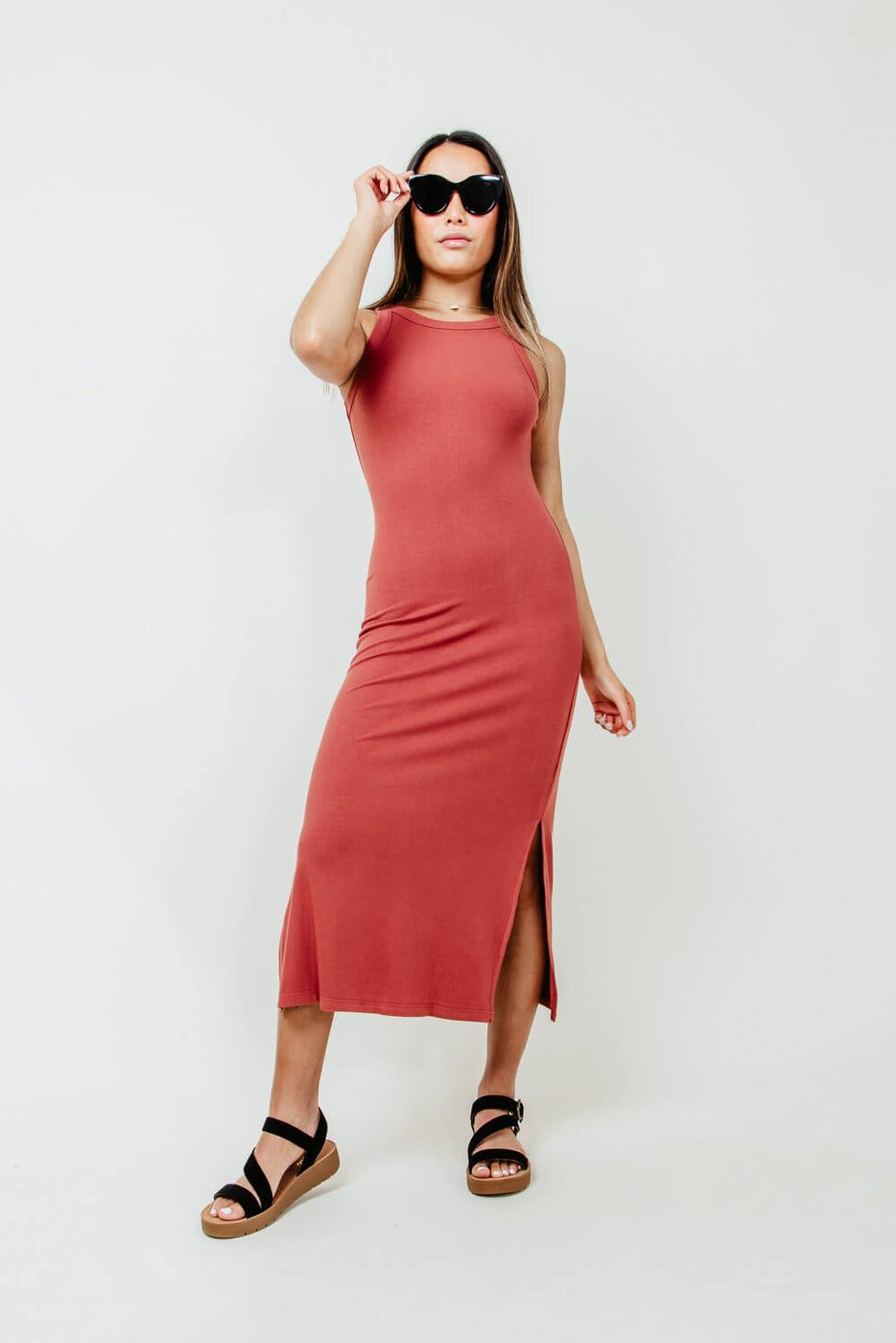 Side slit knit tank midi dress women, simple casual straight tunic store red dress with slits, minimalist long tank dress LADY