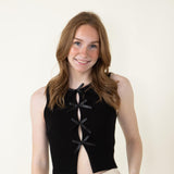 Satin Bow Detail Ribbed Crop Tank Top for Women in Black