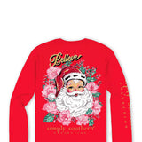 Simply Southern Plus Size Long Sleeve Floral Santa T-Shirt for Women in Red