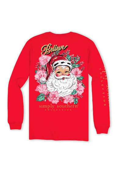 Simply Southern Plus Size Long Sleeve Floral Santa T-Shirt for Women in Red