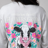 Women's Simply Southern T-Shirts Long Sleeve Flowers Cow T-Shirt for Women in White Water 