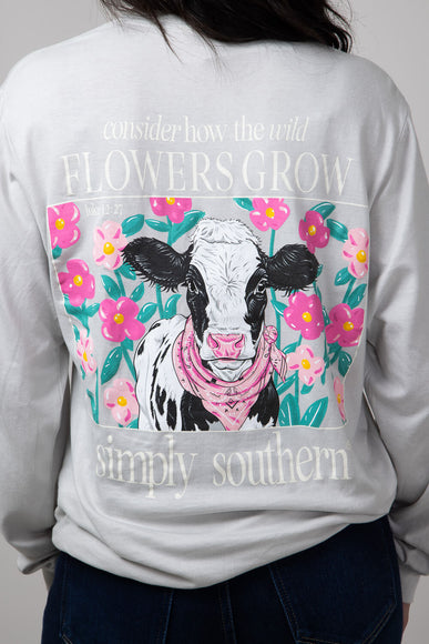 Women's Simply Southern T-Shirts Long Sleeve Flowers Cow T-Shirt for Women in White Water 