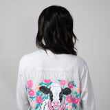 Women's Simply Southern T-Shirts Long Sleeve Flowers Cow T-Shirt for Women in White Water 