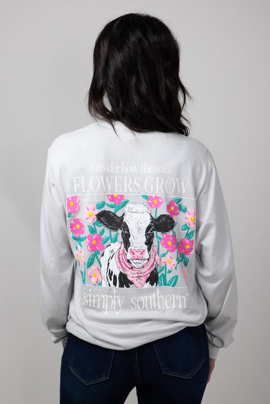 Women's Simply Southern T-Shirts Long Sleeve Flowers Cow T-Shirt for Women in White Water 