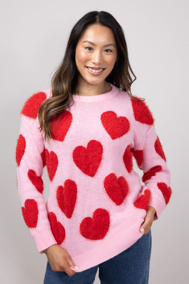 Simply Southern Fuzzy Heart Sweater for Women in Pink