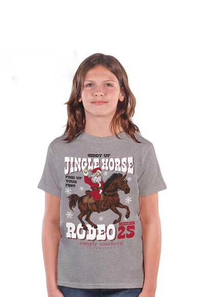 Simply Southern Youth Short Sleeve Jingle Horse Rodeo T-Shirt for Girls in Heather Grey