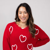 Simply Southern Heart Distressed V-Neck Sweater for Women in Red