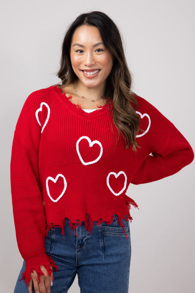 Simply Southern Heart Distressed V-Neck Sweater for Women in Red