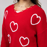 Simply Southern Heart Distressed V-Neck Sweater for Women in Red