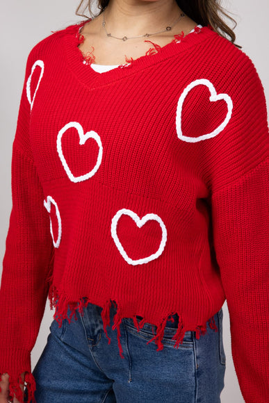 Simply Southern Heart Distressed V-Neck Sweater for Women in Red