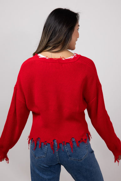 Simply Southern Heart Distressed V-Neck Sweater for Women in Red