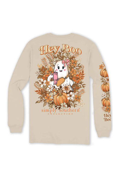 Simply Southern Long Sleeve Hey Boo T-Shirt for Women in Whisper/Cream