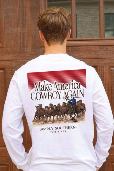 Simply Southern Men's T-Shirt Long Sleeve Cowboy Horse T-Shirt for Men in White 