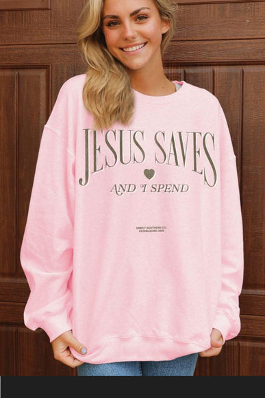 Simply Southern Jesus Saves and I Spend Fleece Crewneck for Women in Tutu