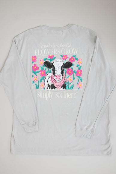 Simply Southern Plus Size Long Sleeve Flowers Cow T-Shirt for Women in White Water